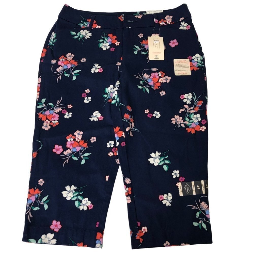 ST JOHS BAY CAPRI NAVY BLUE FLORALDECRETLY SLENDER PANTS SZ 6P